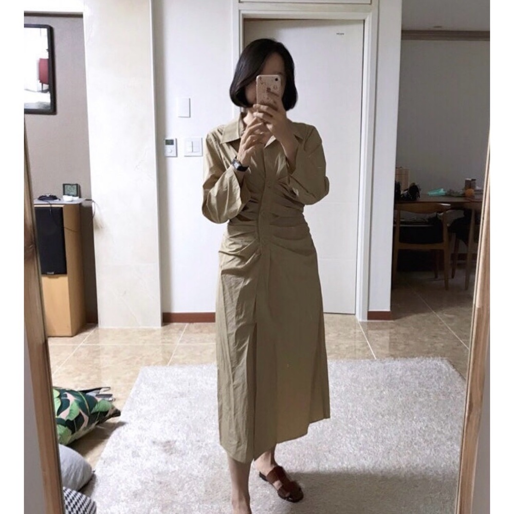 Lafayette 148 New York Ruched Zip Front Midi Dress in Khaki
